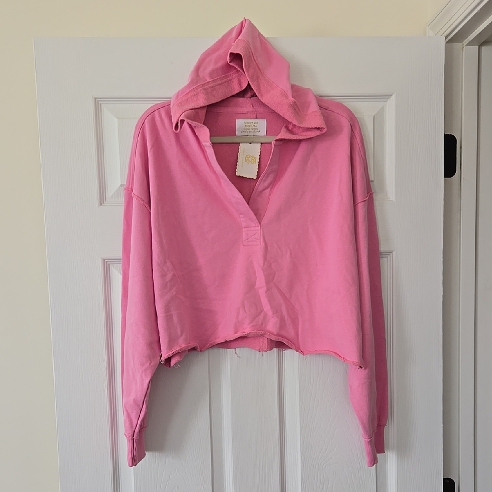 NWT Simply Southern Vneck Cropped Raw Hem Hoodie Blush Pink